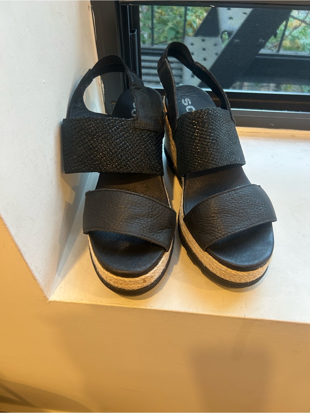 Sorel Black Wedge Sandals with Espadrille Trim - Women